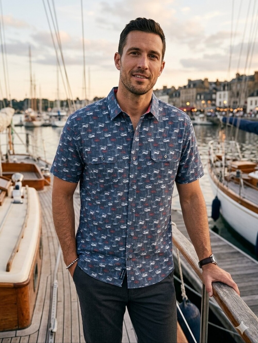 Flags And Antehm Short Sleeved Button Down Shirt W/ White and Red Sailboat Print